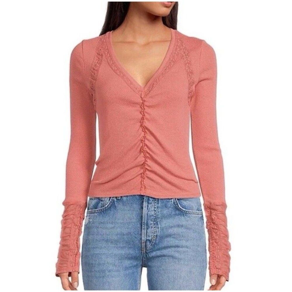 Free People Wear Me Out thermal waffle knit Top in Rose Smoke Boho S